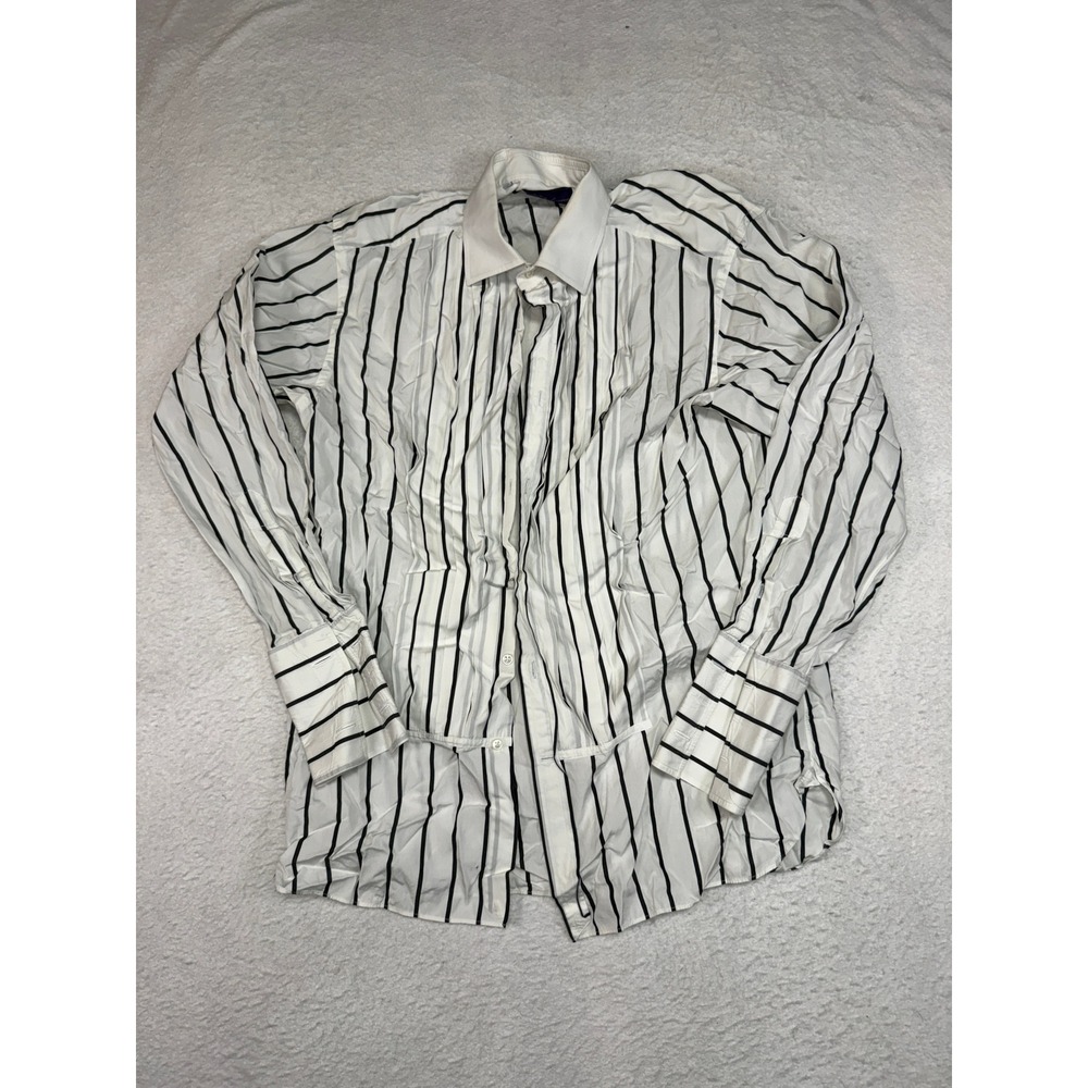 Ralph Lauren Purple Label Mens White Black Striped French Cuff Dress Shirt M